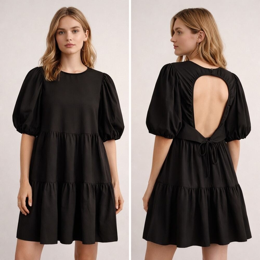 ZARA NWT Black Puff Sleeve Tiered Mini Dress | Open Back Bow | Babydoll A-Line